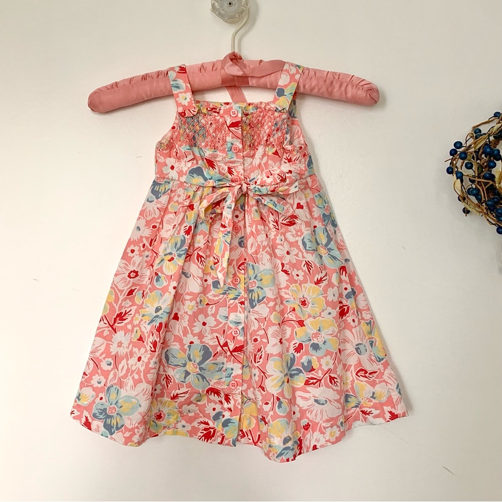 Janie & Jack Floral Cotton Smocked “Summer Sweet Tea”Sun Dress coral 12M - 18M